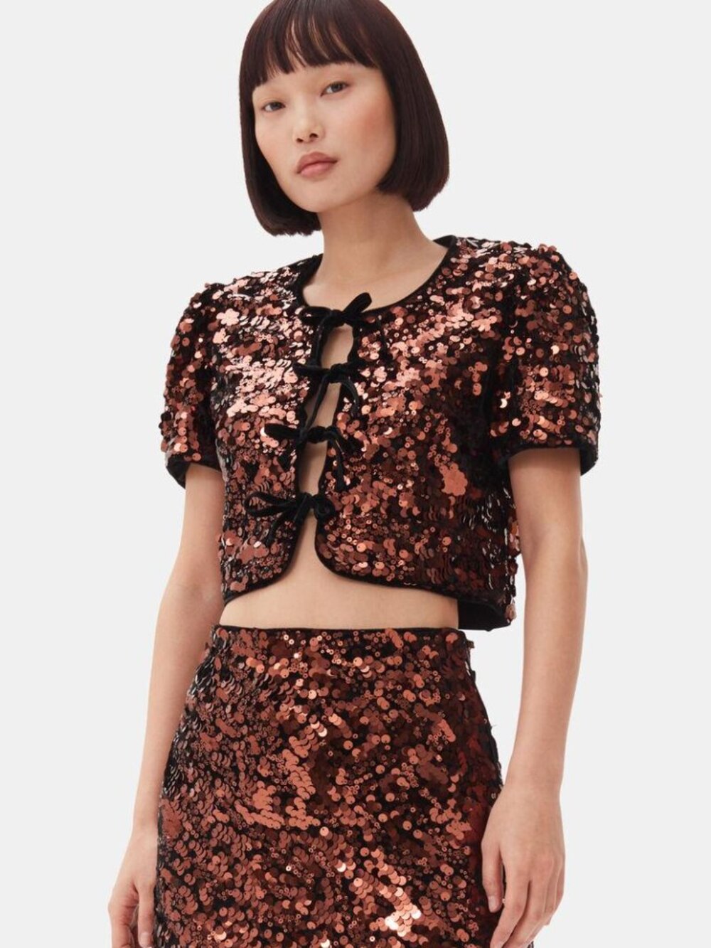 GANNI Brown Sequin Velvet Bow Cropped Blouse Top EU 38